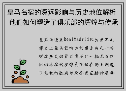 皇马名宿的深远影响与历史地位解析 他们如何塑造了俱乐部的辉煌与传承